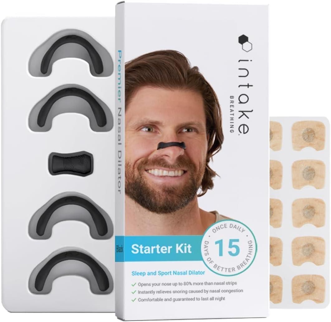 Breathing Nasal Strip Starter Kit for snoring relief and better sleep quality. Includes reusable bands and single-use strips for comfortable, drug-free sleep support.